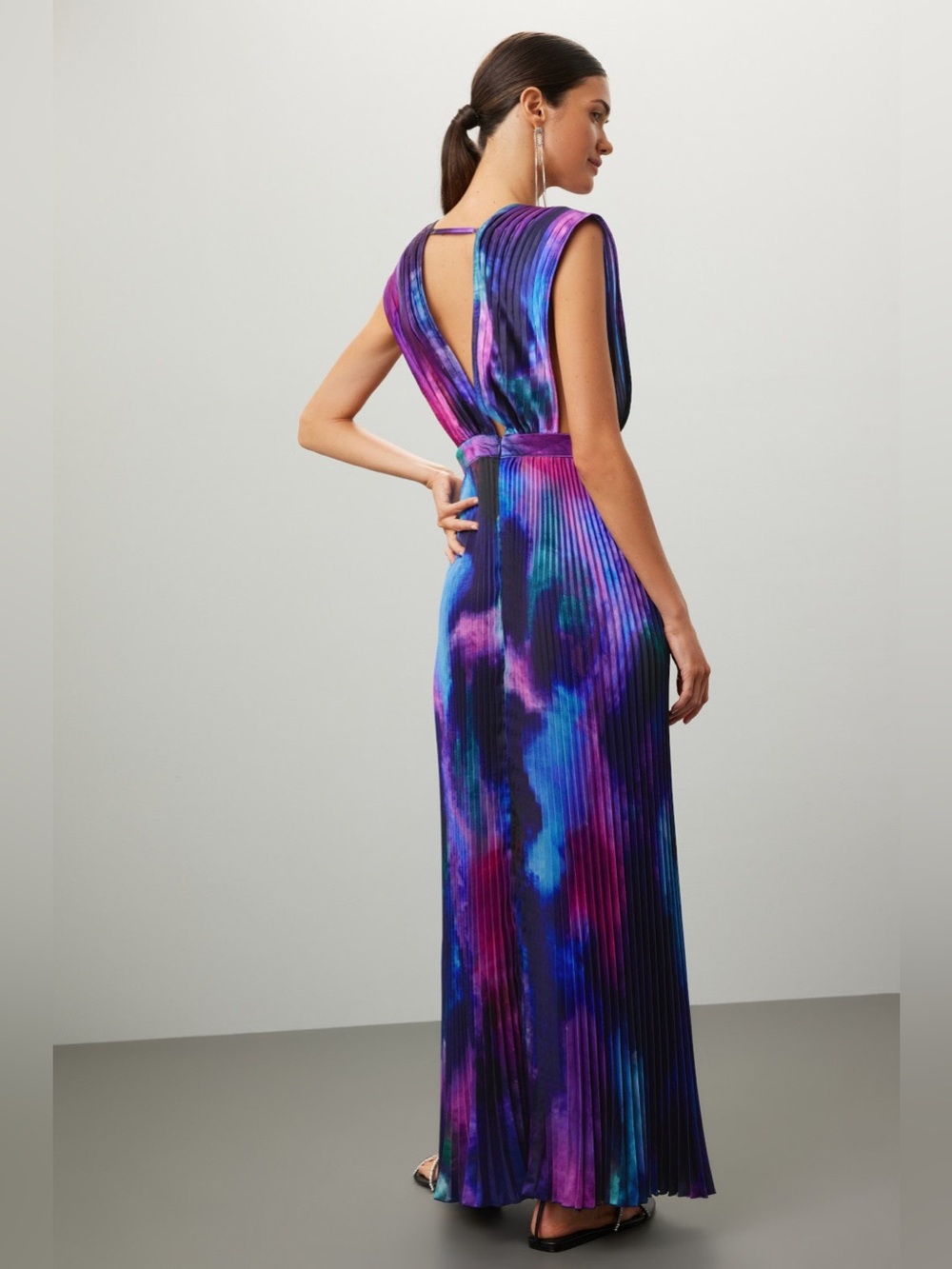 L’idee Deep V Pleated Evening Dress Blue Prple Printed Gala Gown Size UK 10 US 6 - Picture 2 of 11